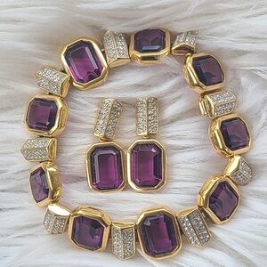 Swarovski Purple Crystal Gold Toned Bracelet Earrings Set-Great Vintage Conditio